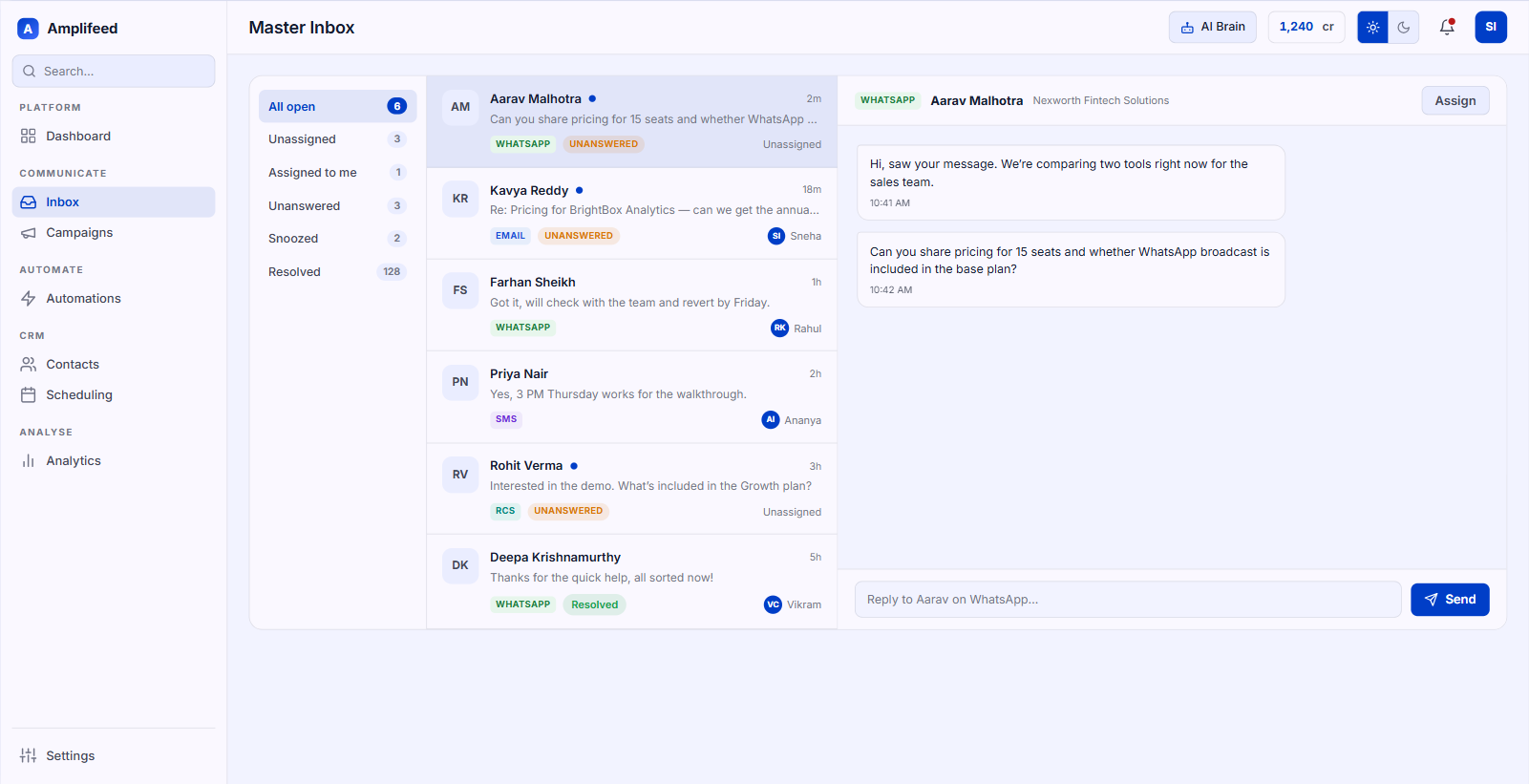 Shared inbox with unanswered conversations across four channels