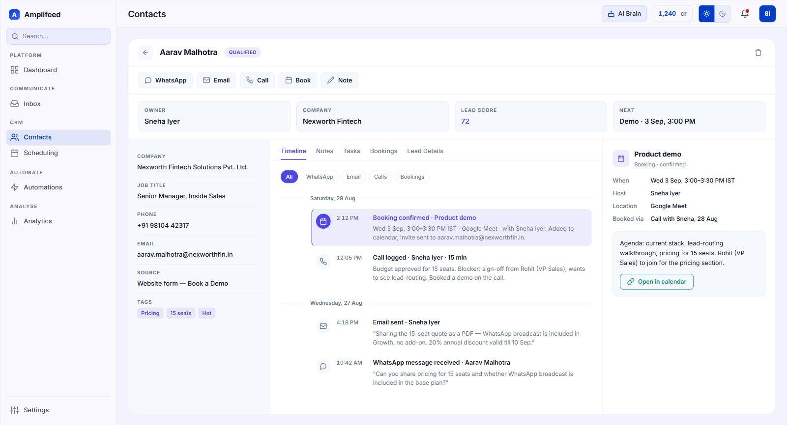 Contact record with a timeline of WhatsApp messages, emails, logged calls and a confirmed booking
