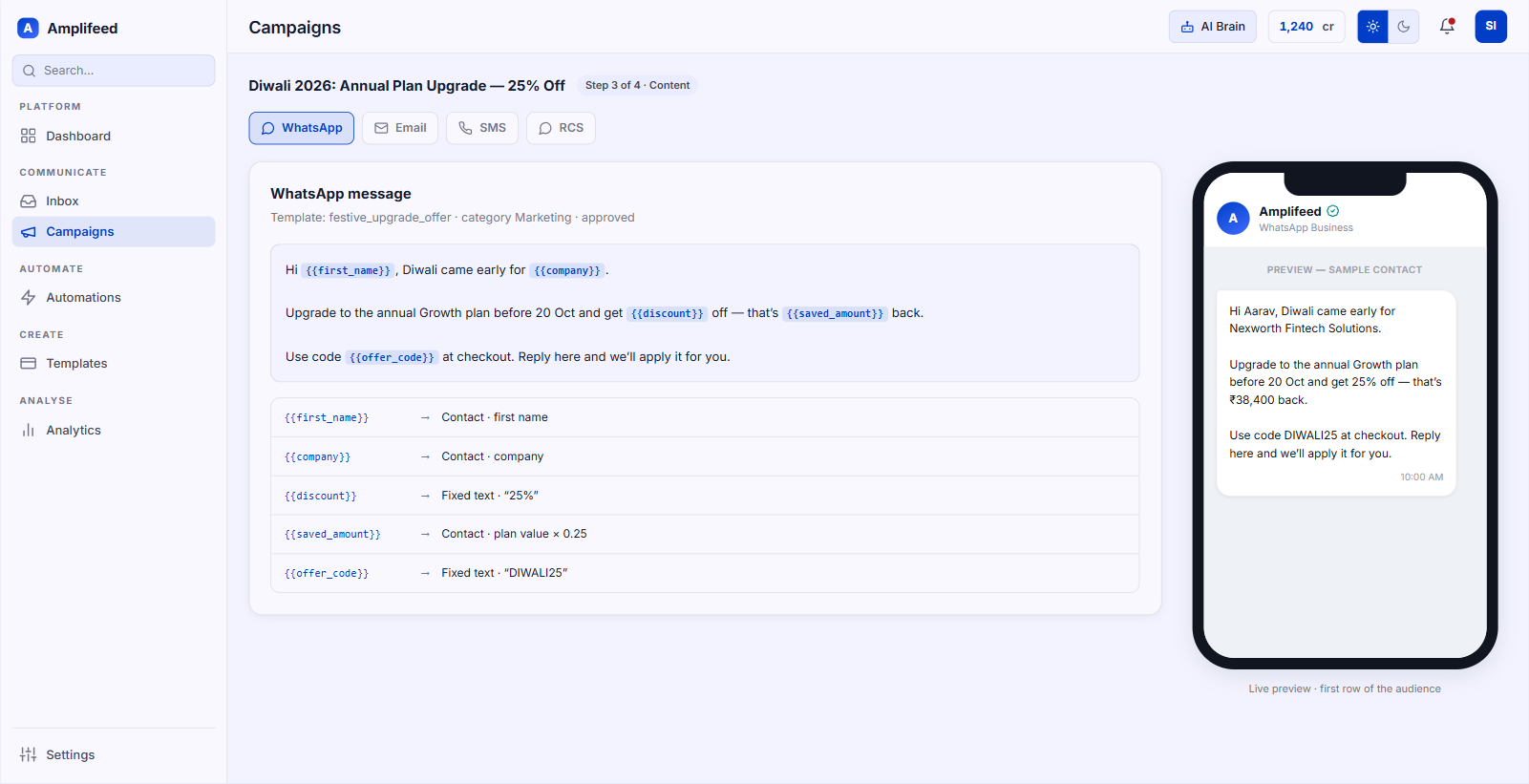Campaign composer with channel switcher, variables and a live WhatsApp preview