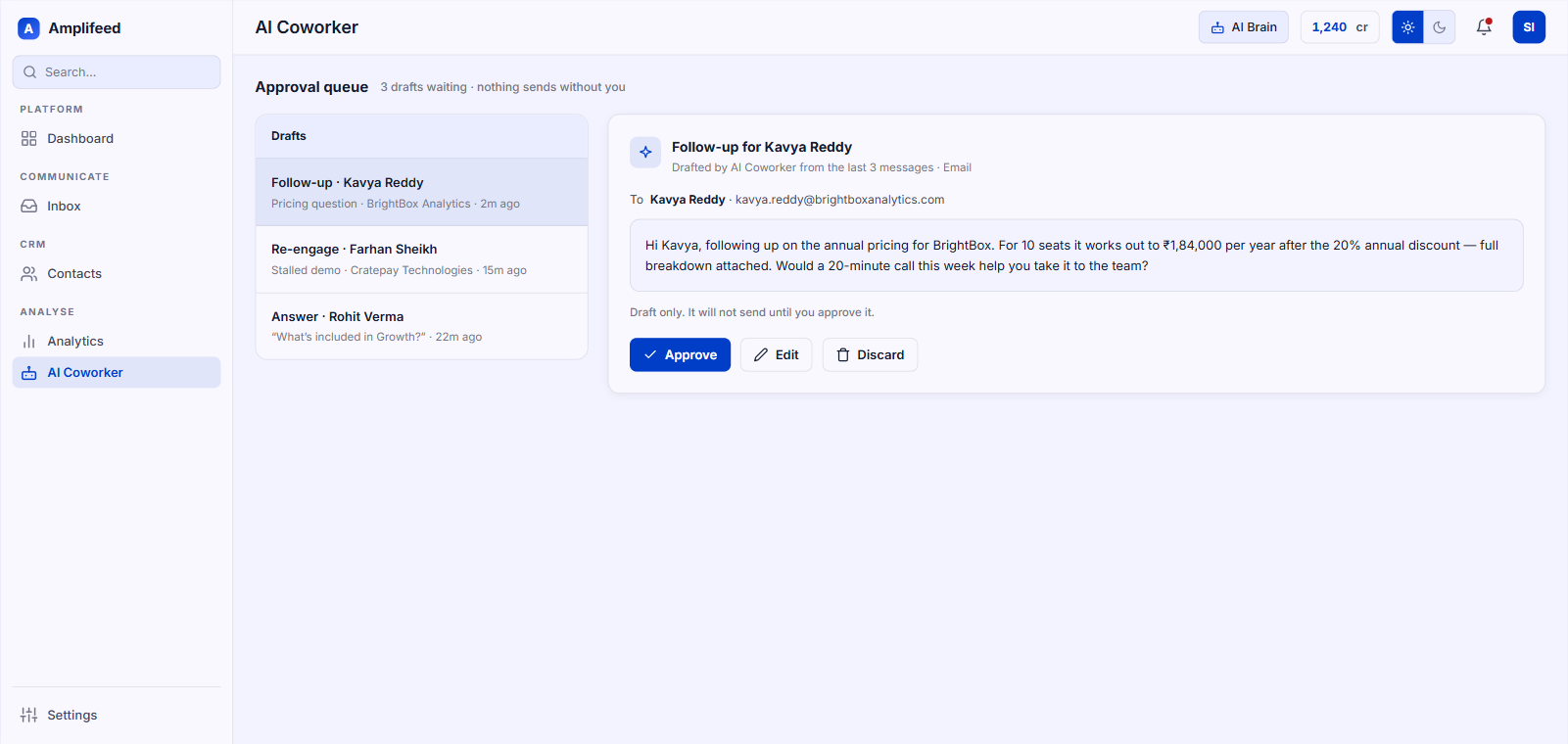 AI Coworker approval queue with drafts waiting and approve, edit and discard buttons