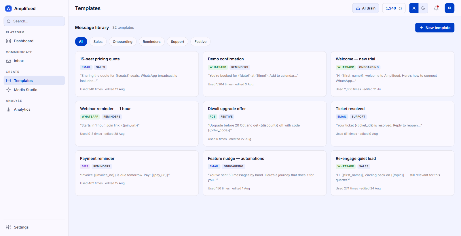 Message library with templates sorted by sales, onboarding, reminders and support