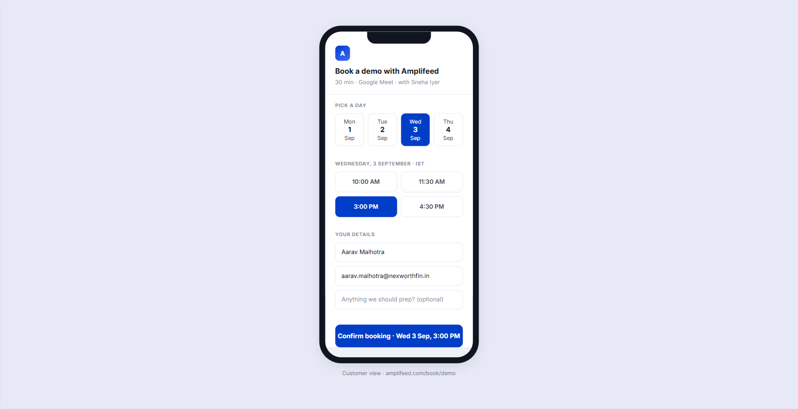 A booking page on a phone, the customer picking a slot