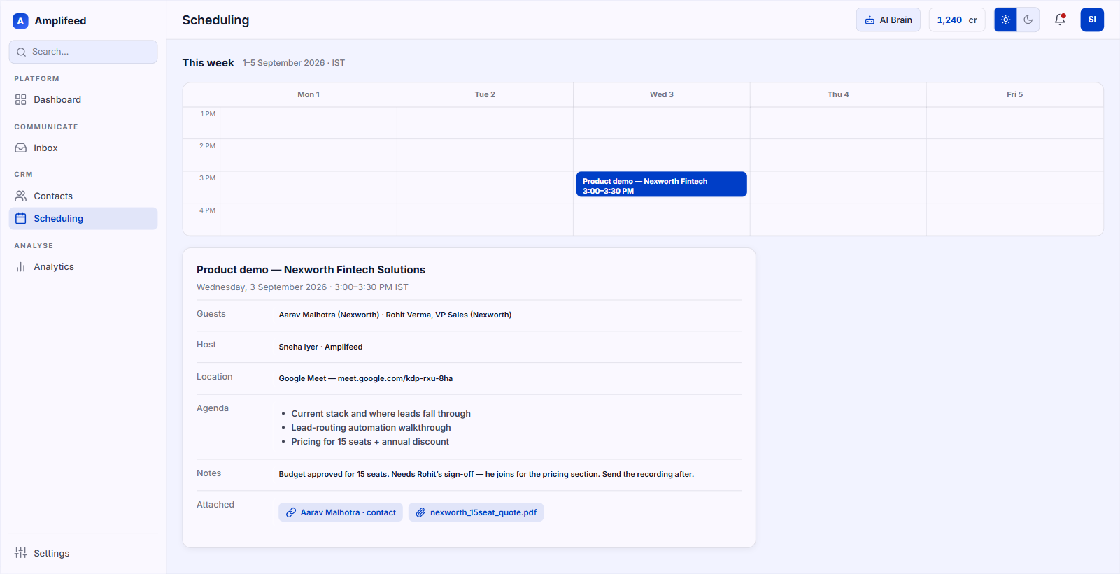 A confirmed booking on the customer record with agenda and history attached
