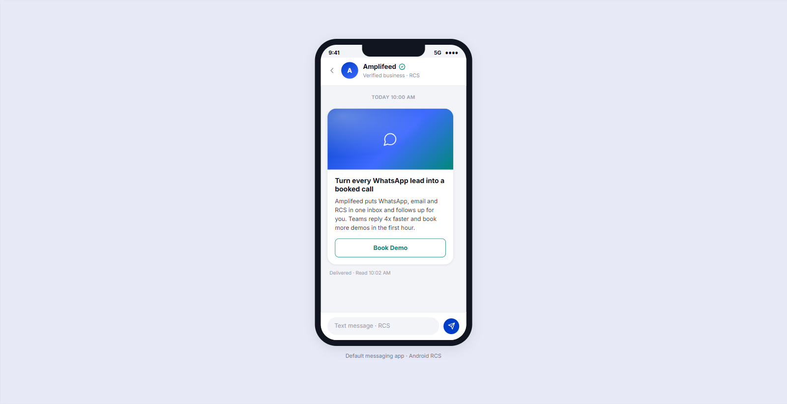 A verified RCS business card with image and buttons arriving in the phone messaging app